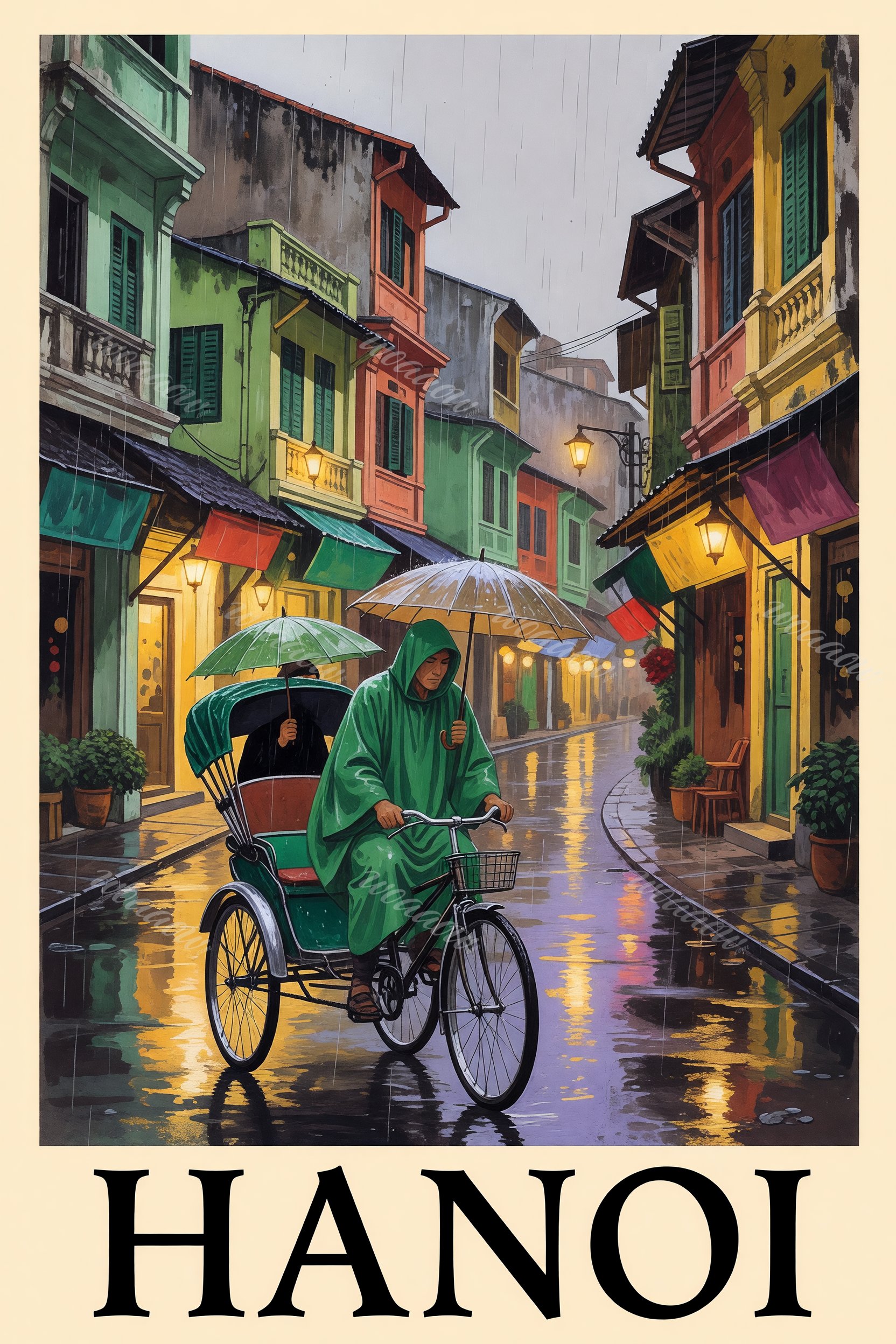 Rickshaw on the Wet Street